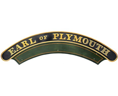 Nameplate EARL OF PLYMOUTH. Ex GWR 4-6-0 Castle Class locomotive built Swindon Works as Denbigh Castle, April 1936. First she
