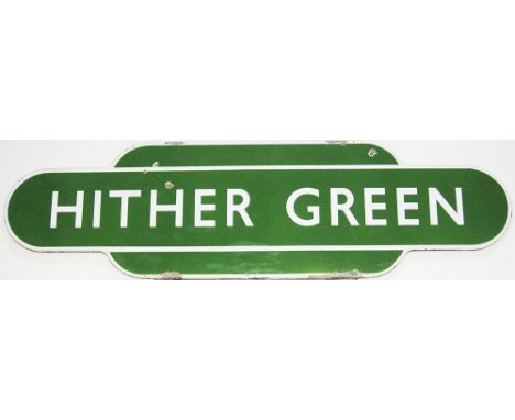 Totem BR(S) 'HITHER GREEN' F/F light green. Ex SECR station between St Johns and Grove Park. A few small face chips and edge 