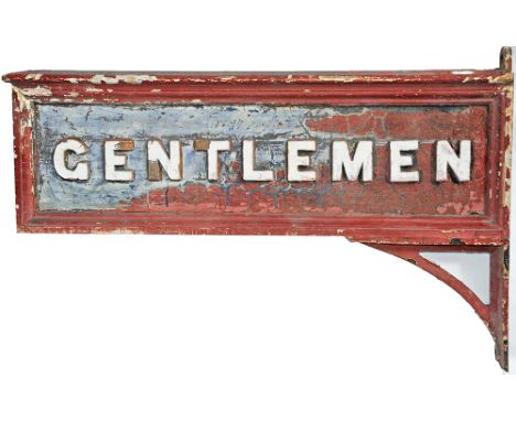 L&NWR wood with cast iron letters double sided wall mounted sign GENTLEMEN, complete with original bracket, measures 36 inch 