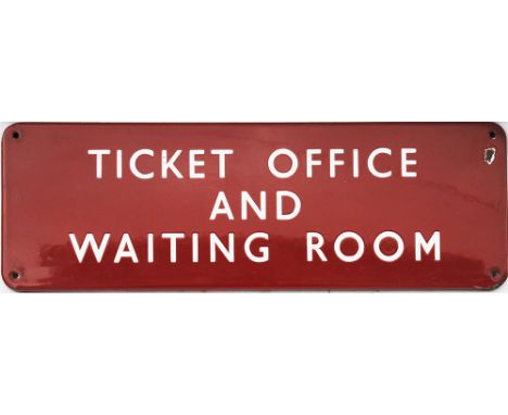 BR(M) enamel Doorplate TICKET OFFICE AND WAITING ROOM on three lines. Measures 18inches x 6 inches with one small chip and a 
