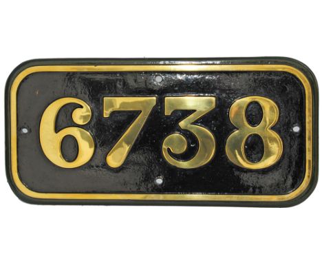 Cabside Numberplate 6738 brass construction, GWR Contractor built. Built by Yorkshire Engine Co in 1930 under works number 22
