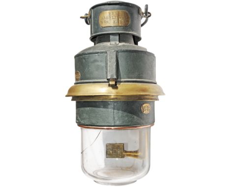 North Eastern Railway Pot Lamp. Brass plated with the NER oval on the side and the brass internal burner is stamped 'NER' in 