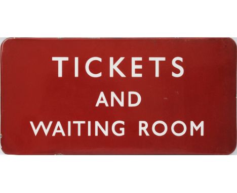 BR(M) enamel Platform Sign TICKETS AND WAITING ROOM F/F measuring 24 inches x 12 inches. Good colour and shine, some edge chi