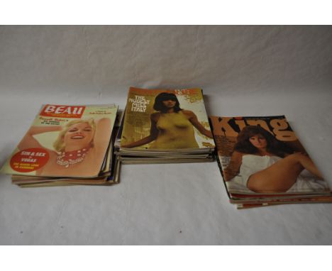 A collection of mixed vintage mens magazines including King featuring Raquel Welch from 1967, Penthouse magazines from the 19