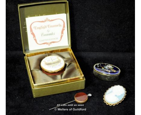 Crummles enamel box '1979 Millenium of Tynwald', boxed; Wedgwood style cameo brooch; hatpin; bloodstone fob a/f; pill box wit
