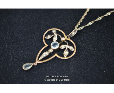 *9ct gold antique lavalier pendant and chain pale blue stones and seed pearls (Lot subject to VAT)