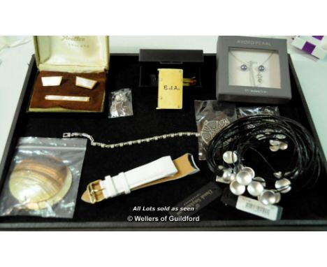 *Mixed jewellery including vintage Stratton cufflinks and tie pin, Aviator watch strap and a Luke Stockley London pearl silve