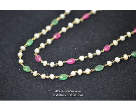 *Two similar vintage natural pearl / emerald and natural pearl / ruby, 18ct Gold necklaces. 25 carats (Lot subject to VAT)