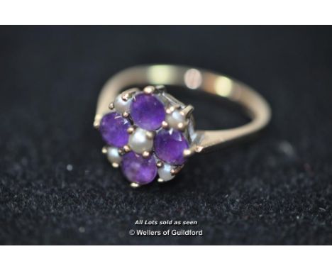 *Vintage Victorian style 9ct gold amethyst and pearl ring (Lot subject to VAT)