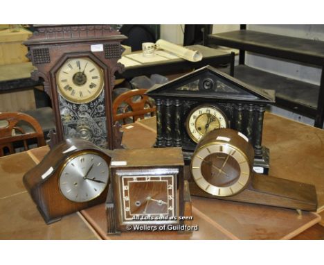 Five mantel clocks including Ansonia.
