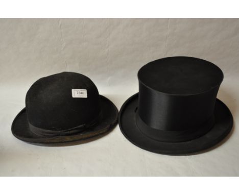 A vintage large sized satin theatrical top hat by Trademark with vintage bowler hat