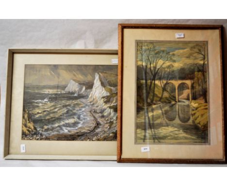Michael Cadman, watercolour, bridge across a stream, signed and dated 1950, 48 x 33cm; another by the same hand, seascape, si