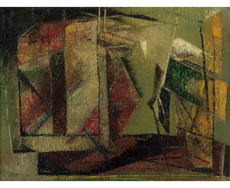 Imkamp, Wilhelm -- "Schaluppe"Öl auf Malpappe. 1949.30,5 x 40,5 cm.Unten links mit Feder in Schwarz signiert "W. Imkamp" und 