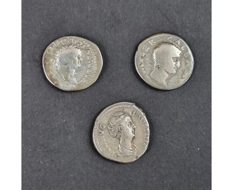 Coins: three Roman coins; comprising a Galba AD 68-69 AR denarius; a Titus AD 79-81 AR denarius; and a Faustina Senior commem