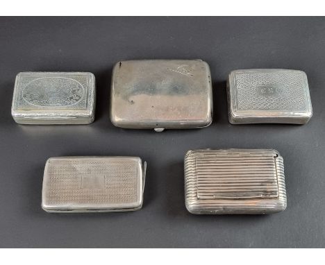 A Victorian silver cigarette box, by&nbsp;William Neale, Chester 1898, 8cm wide; together with four various silver snuff boxe