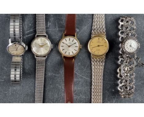 A 1970s Omega 'Geneve' gold plated manual wind ladies wristwatch, 20mm, on later Hirsch leather strap; together with four oth