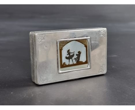 A 19th century German white metal snuff box, decorated mother-of-pearl panel, 7.5cm wide.