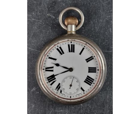 A circa 1940 Admiralty Pat.300 nickel plated stem wind open face pocket watch, Serial No.33409, 53mm, with broad arrow mark.