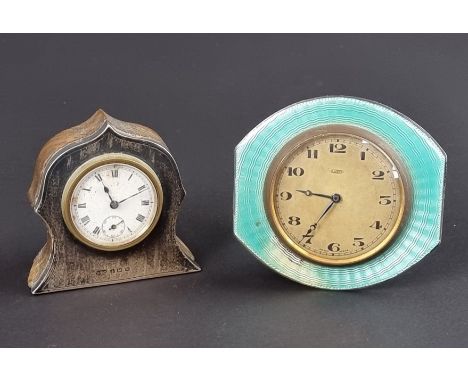 A silver and guilloche enamel mounted easel clock, by&nbsp;A Buckley Ltd, Birmingham 1925, 7.5cm high; together with another 