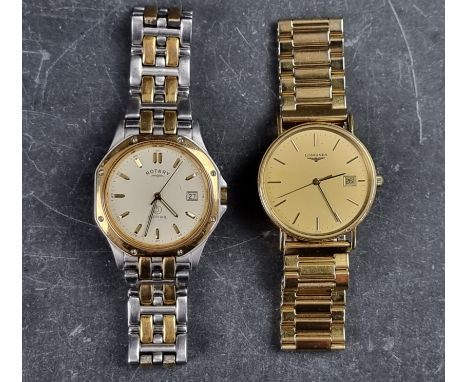 A Longines gold plated quartz wristwatch, 33mm, on replacement bracelet; together with a similar Rotary example, 35mm, on ori