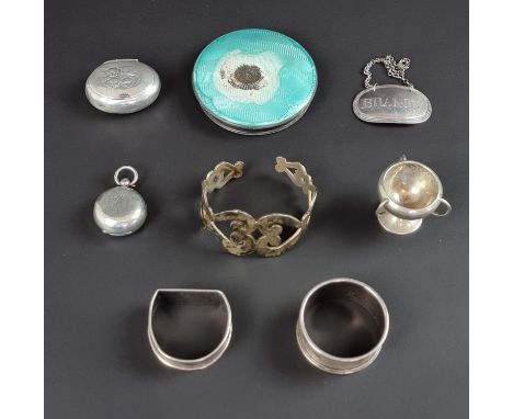 A small quantity of silver items; together with a silver guilloche enamel lid; and a white metal bangle, stamped 'Mexico 925'