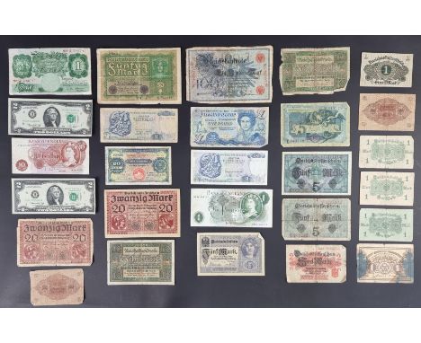 Banknotes: a quantity of UK &amp; world notes; to include an L K O'Brien one pound note; and early 20th century German marks.