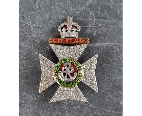 A yellow and white metal 'The King's Royal Rifle Corps' sweetheart brooch, decorated enamel and set multiple rose cut diamond