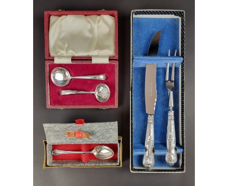 A cased sugar sifter and matching ladle, by&nbsp;Francis Howard Ltd, Sheffield 1971; together with a cased silver teaspoon; a