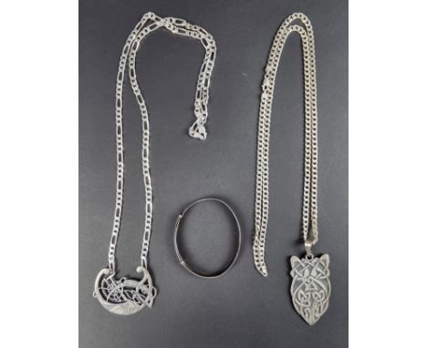 A Celtic style silver pendant,&nbsp;on silver curb link chain,&nbsp;58g; together with a white metal pendant, on white metal 