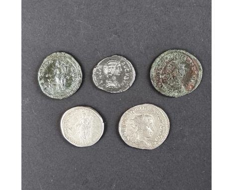 Coins: five Roman coins, to include a Trajan AD 97-117 AR denarius; and a Julia Mamaea AR denarius.