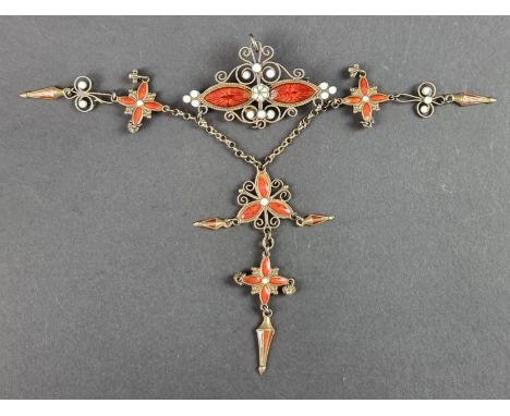 A late 19th century gilt metal, guilloche enamel and filigree pendant brooch, stamped '925', 43mm wide x 97mm high excluding 