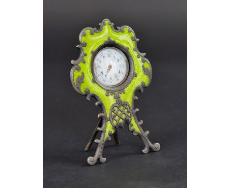 A vintage German white metal and guilloche enamel easel clock, stamped '800', 7cm high.