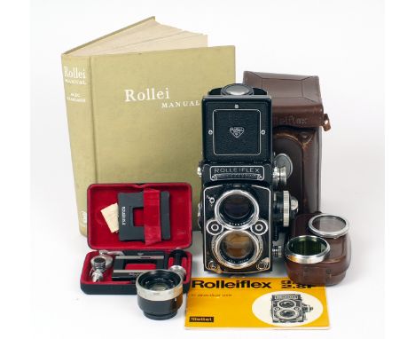 Metered Rolleiflex F2.8 TLR Outfit #2422645. (condition 5F). Meter working. With case (needs re-stitching), Rolleikin 35mm-on