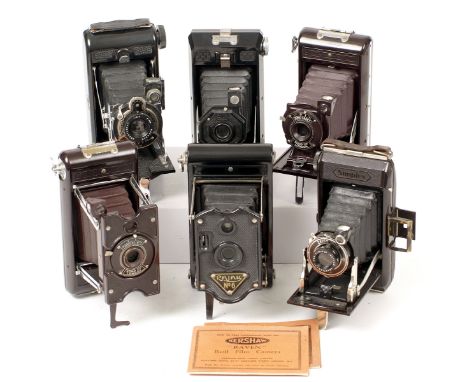 Group of Six Folding Roll Film Bakelite Cameras. Comprising Soho Model B, Pilot &amp; Cadet models, Raja No 6, Kershaw Raven 