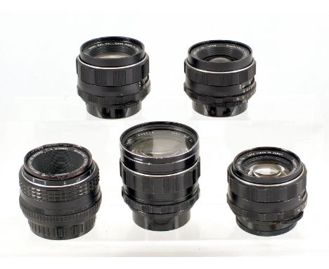 Group of Five Pentax Lenses for Spares or Repair. Comprising Super Takumar 50mm f1.4 (slight internal fungus); Super Takumar 