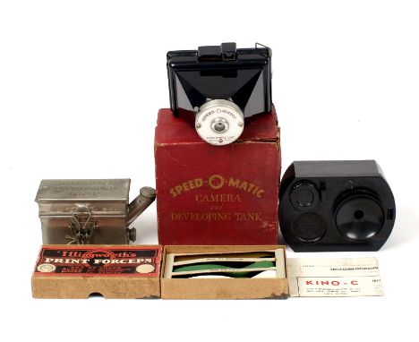 Rare Speed-O-Matic 'Almost Instant' Print Camera Outfit. (condition 5F) Also French Bakelite Kino-C and Ensign developing tan