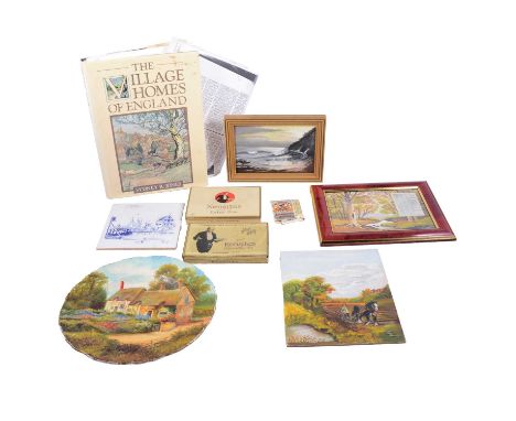 Small quantity of oil paintings, by Joan Stiles (Guy Gibson's sister), Sydney Jones Villages homes book and one engraving, pa