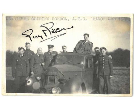 Guy Gibson interest; a signed postcard, the images with Gibson in an open top vehicle with other officers and pilots, signed 