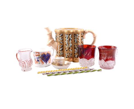 Copeland bamboo reticulated teapot, lacking cover, with damages, 13.5cm; and other ceramics and glass including a miniature C
