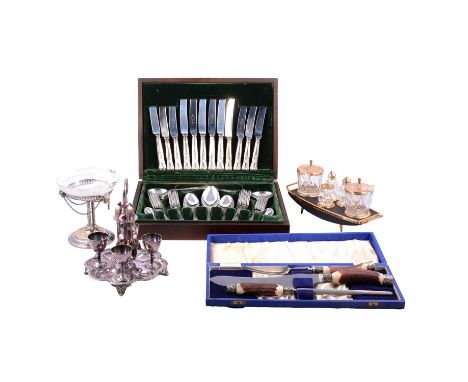 A silver-plated canteen of King's pattern cutlery, six places settings, in a fitted wooden case, 28.5x39.5cm; a horn-handled 