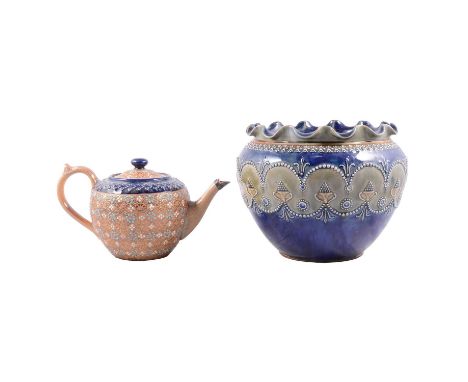 Royal Doulton stoneware jardinineres, stylised decoration, diameter 24cm, and a Doulton Slater's teapot, damaged spout.Qty: 2