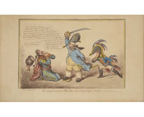 James Gillray,The Magnanimous Minister Chastising Prussian Persidy,hand coloured etching on wove paper, published by H Humphr