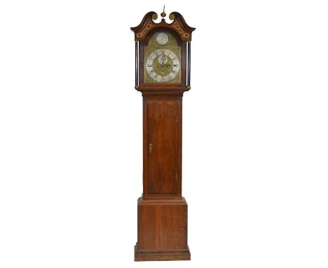Scottish oak longcase clock, case with brass finial and swan neck pediment, turned columns, long door, plinth base, 30cm arch