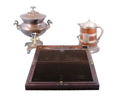 Edwardian oak and silver plated beer jug, ceramic lined, 33cm, large copper samovar and a rosewood writing box, as found.Qty: