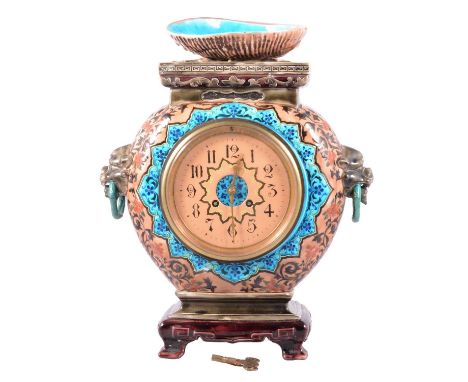 French Faience pottery mantel clock, in the style of Theodore Deck, late 19th century, the body in the style of an Eastern Mo