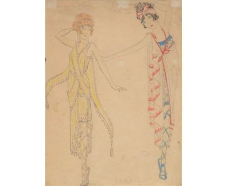 Jenny Carré,Costume design, with two figures,crayon, gouache and watercolour with pencil notations,38x27cm.Note. Jenny Carré 