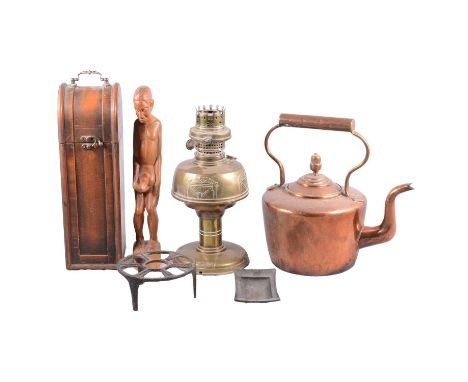 Small brass fender, 46cm, a copper bowl, kettle and other metalwares; and wooden items including a carved African figure of a