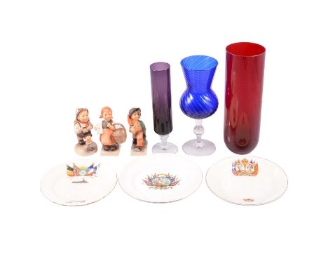 Quantity of decorative ceramics and glass including five Hummel figures, a small collection of commemorative china, two Art D