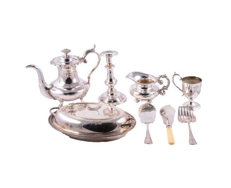 Old Sheffield plate candlestick; plated coffee pot and jug; plated Christening mug; Indian dish; entree dish; salver and oval