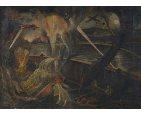 Dumont,Dam Raid,oil on canvas, signed, inscribed on the back "Oil painting found in the Gibson home",56x76cm.Condition report